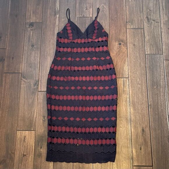 Bardot Navy & Burgundy Lace Cocktail Midi Dress 6 - Picture 1 of 7